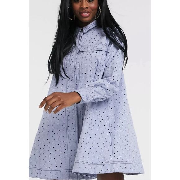 NEW NWT ASOS Design Broderie Eyelet Trapeze Mini Shirtdress Light Blue Sz 6 - Picture 3 of 5